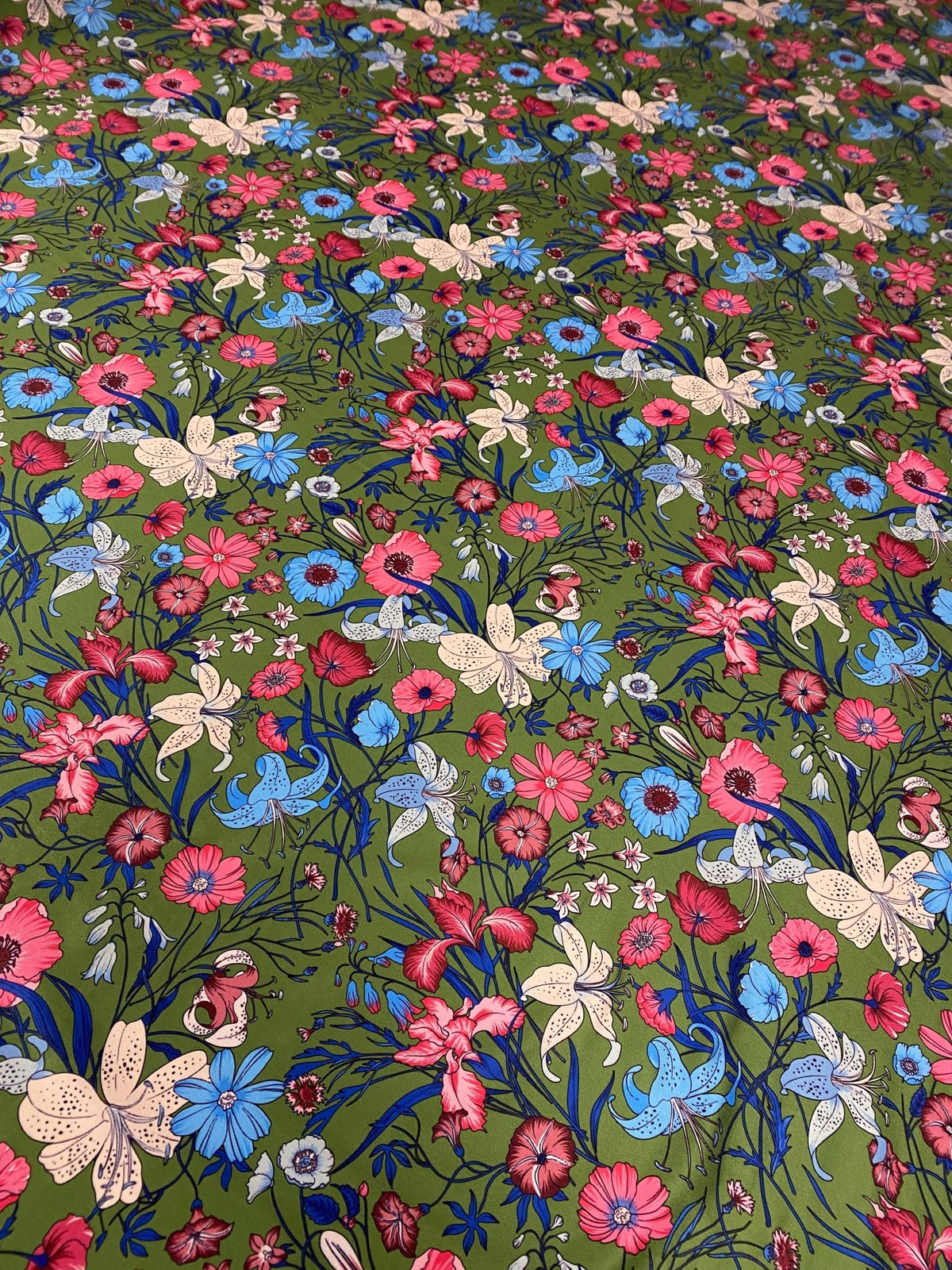 Floral Spandex Fabric – Green Base Stretch Material by Metre - Whotex Fabrics London