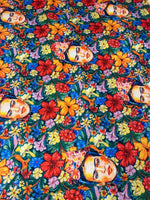 Frida Kahlo floral upholstery fabric with vibrant colorful flowers and artistic portrait pattern