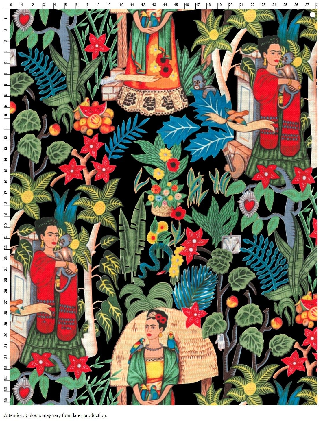 Frida Kahlo Tropical Black Background Fabric by the Metre - Whotex Fabrics London