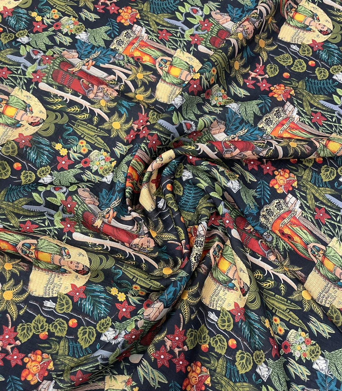 Frida Kahlo Tropical Black Background Fabric by the Metre - Whotex Fabrics London