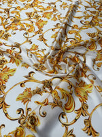 Gold Baroque Print Satin Fabric by the Metre - Whotex Fabrics London