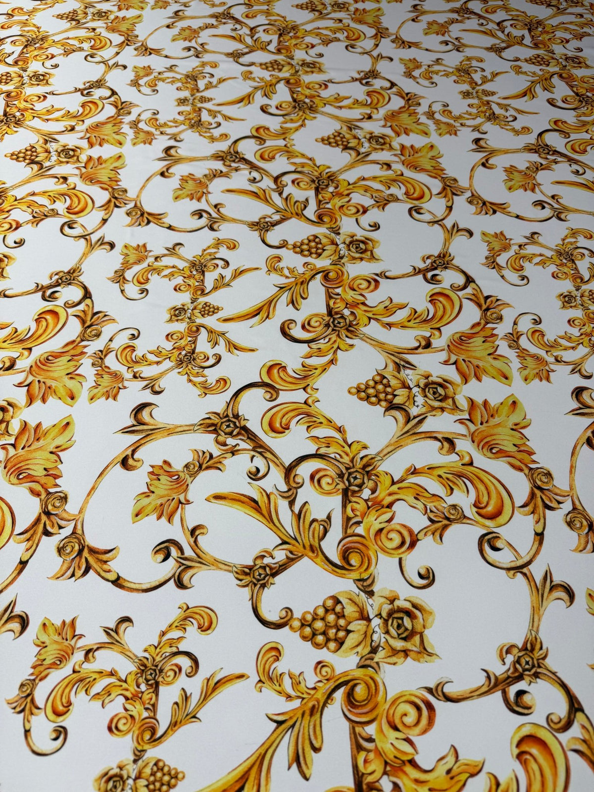 Gold Baroque Print Satin Fabric by the Metre - Whotex Fabrics London