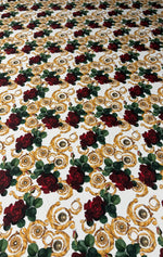 Gold Red Rose Patterned White Fabric – Fabric by Metre, Multiple Options for Sewing & Dressmaking - Whotex Fabrics London