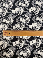 Greek crepe fabric with black and white Rome youth pattern design and ruler for scale