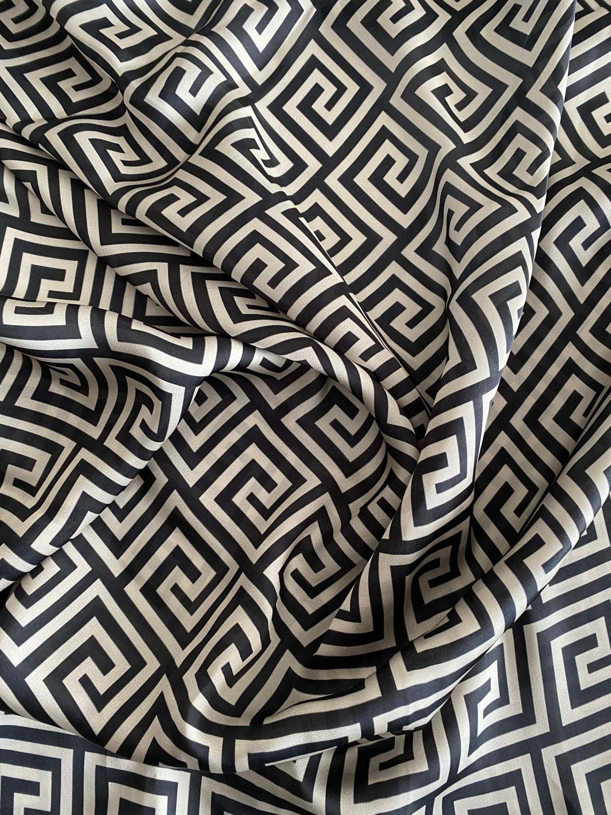 Black and white Greek Key Design Fabric with intricate geometric pattern and soft texture