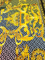 Gold Baroque Greek key pattern fabric panel in silky crepe measuring 150x100cm with intricate gold and black ornate design
