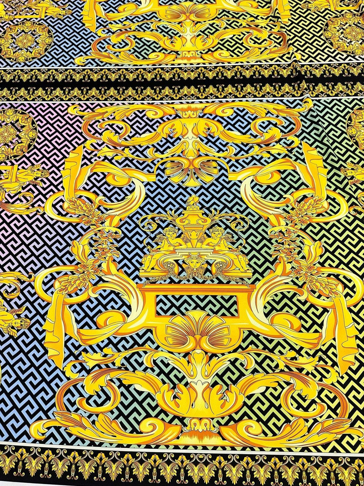 Gold Baroque Greek Key Pattern Fabric in silky crepe with intricate gold Baroque and Greek key design on a black background