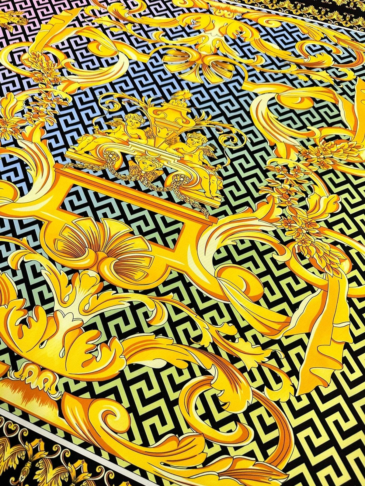Gold Baroque Greek Key Pattern Fabric in silky crepe with intricate gold and black baroque design and Greek key motifs.