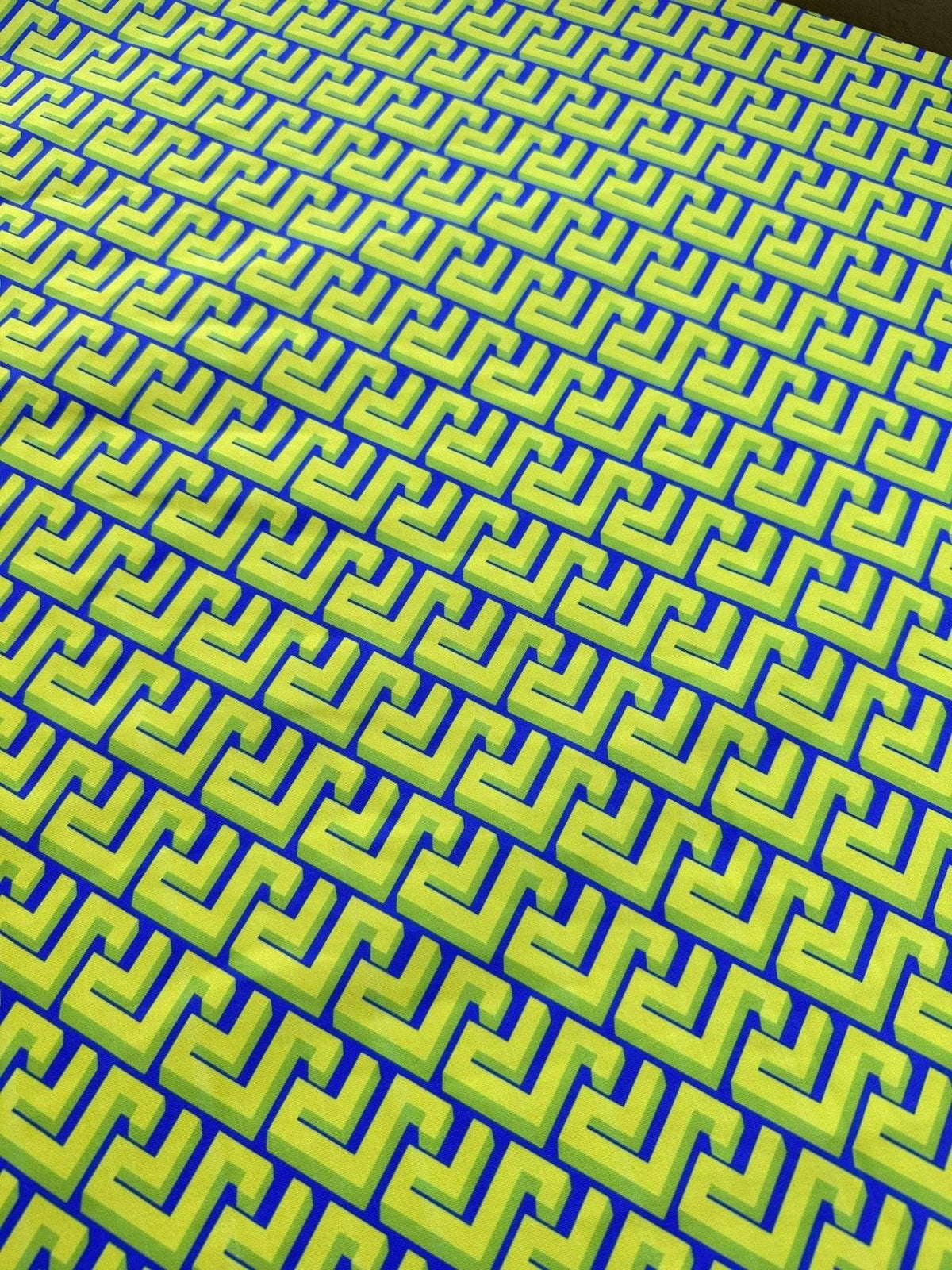 Greek Key Neon Green geometric fabric with bold modern pattern for upholstery and decor