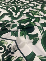 Green Baroque Floral Fabric with elegant green floral and baroque patterns on white background, ideal for upholstery and curtains