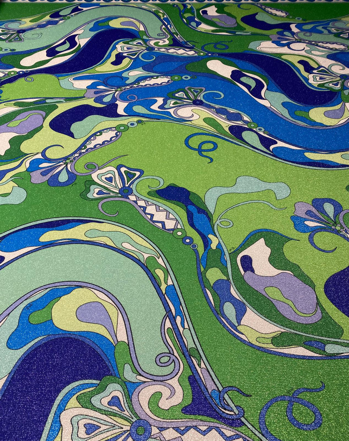 Green Blue Shimmer Print Lurex Fabric by the Metre - Whotex Fabrics London