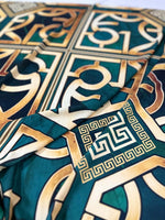 Green Gold Crepe silky fabric with Greek Key pattern and smooth texture
