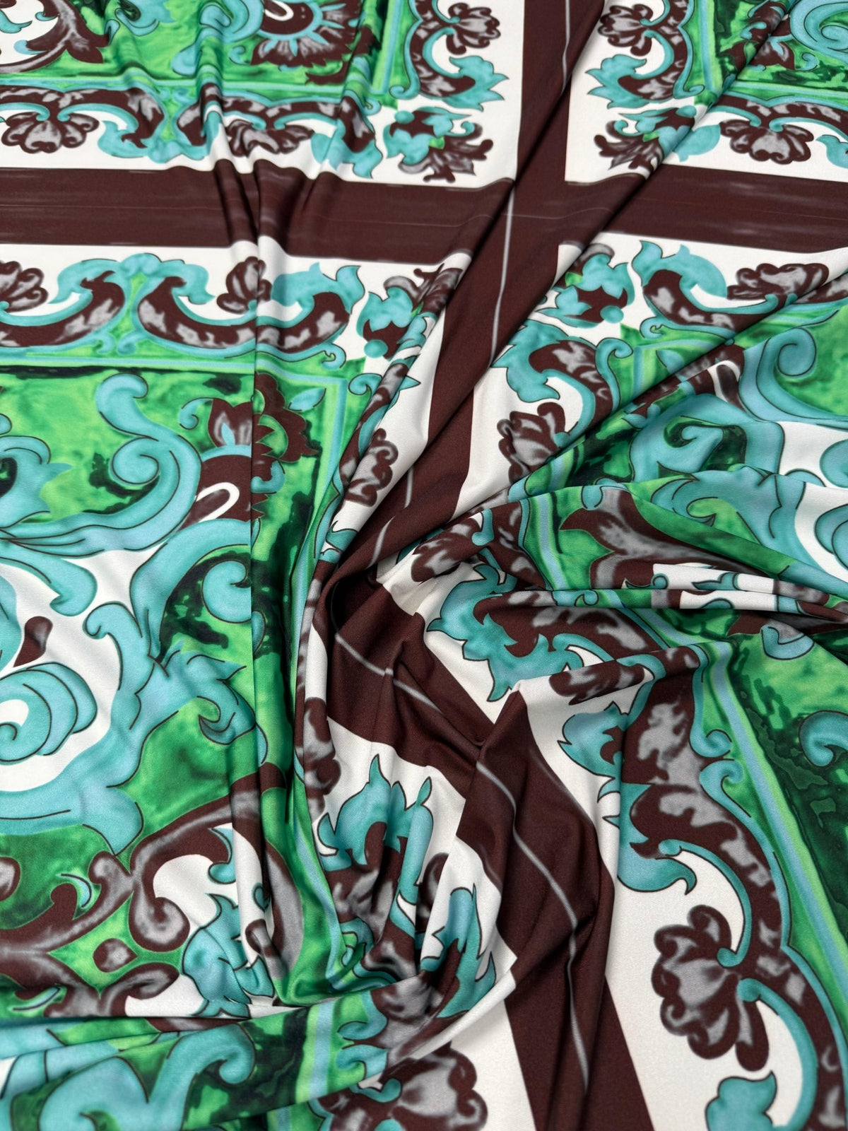 Green Ornamental Paisley Lycra Stretch Fabric by the Metre - Whotex Fabrics London