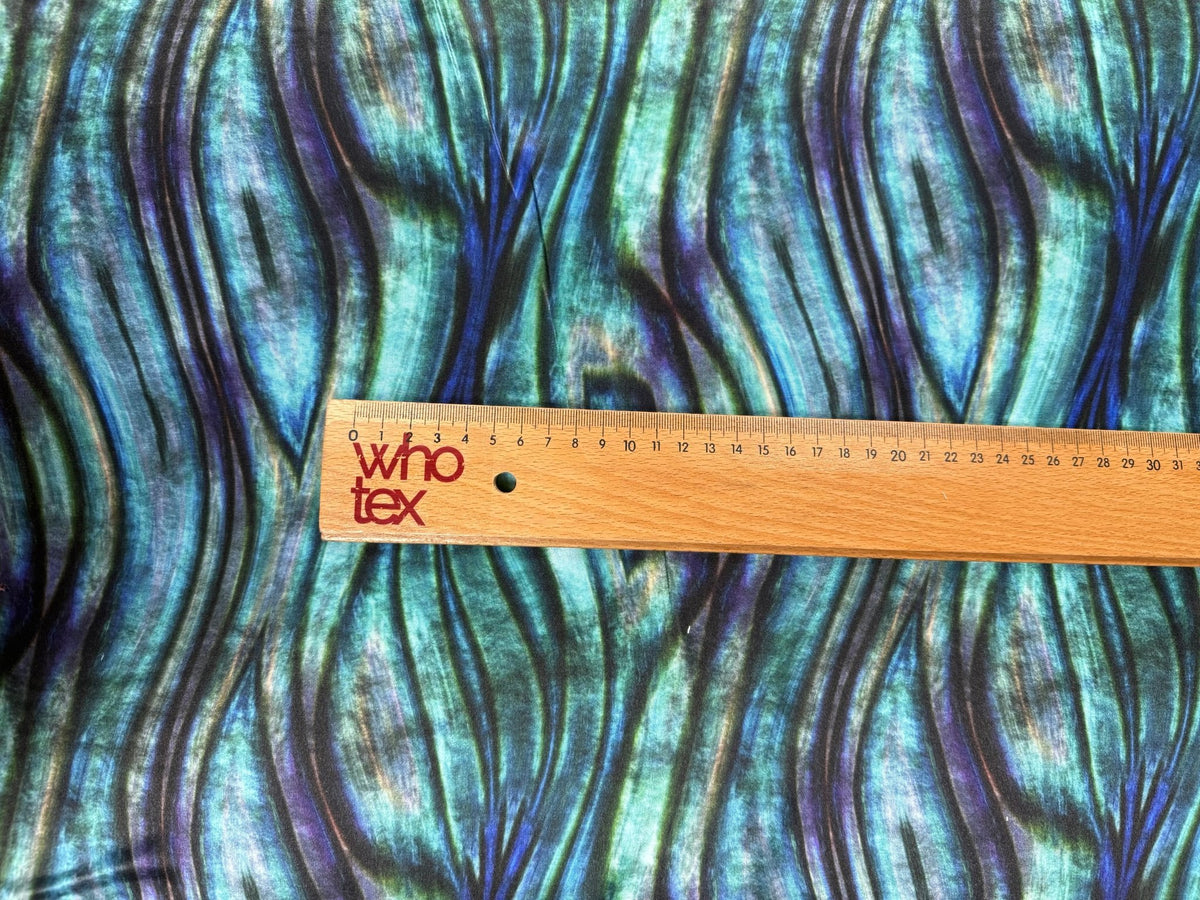Green Wave Print Lycra Satin Fabric by the Metre - Whotex Fabrics London