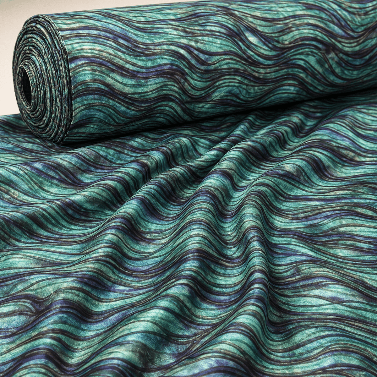Green Wave Print Lycra Satin Fabric by the Metre - Whotex Fabrics London