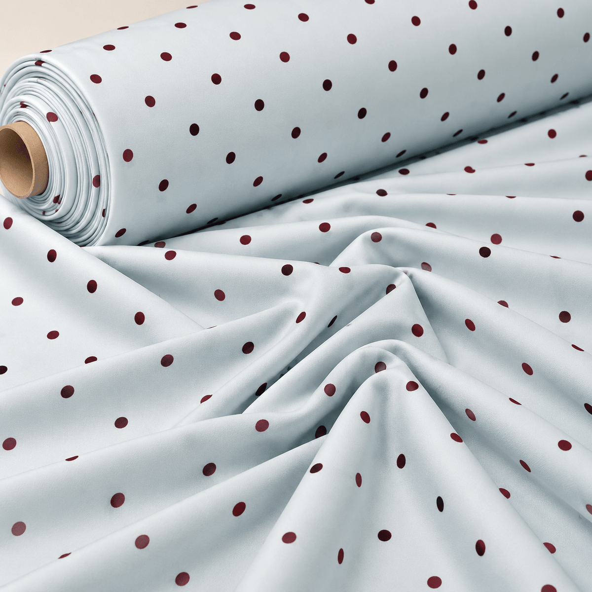Ice Blue with Burgundy Polka Dot Satin Fabric by the Metre - Whotex Fabrics London