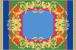 Baroque silky crepe fabric with ornate gold and red baroque pattern on blue and green background, 150cm width textile design