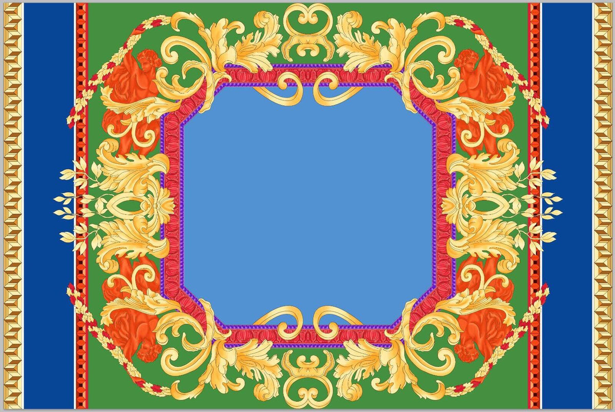 Baroque silky crepe fabric with ornate gold and red baroque pattern on blue and green background, 150cm width textile design