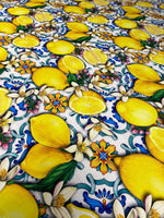 Lemon Blue Spanish Pattern Fabric featuring vibrant lemons and intricate floral tiles design