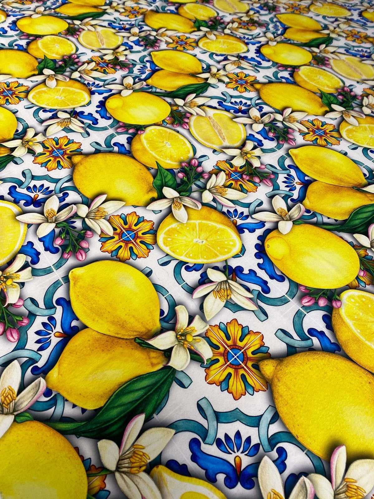 Lemon Blue Spanish Pattern Fabric featuring vibrant lemons and intricate floral tiles design