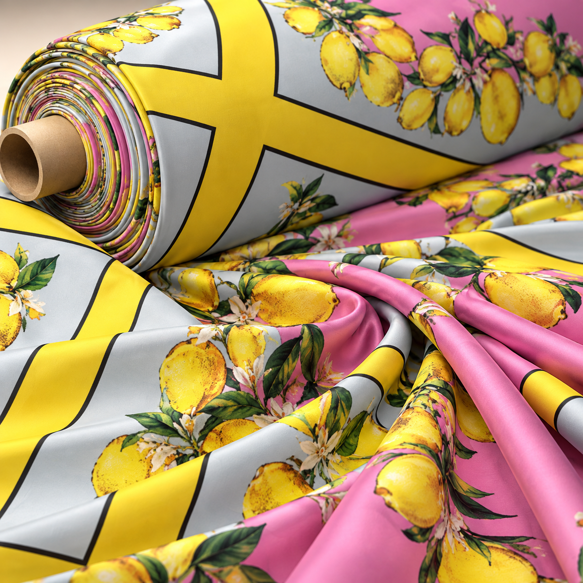 Lemon Border Satin Fabric by the Metre - Whotex Fabrics London