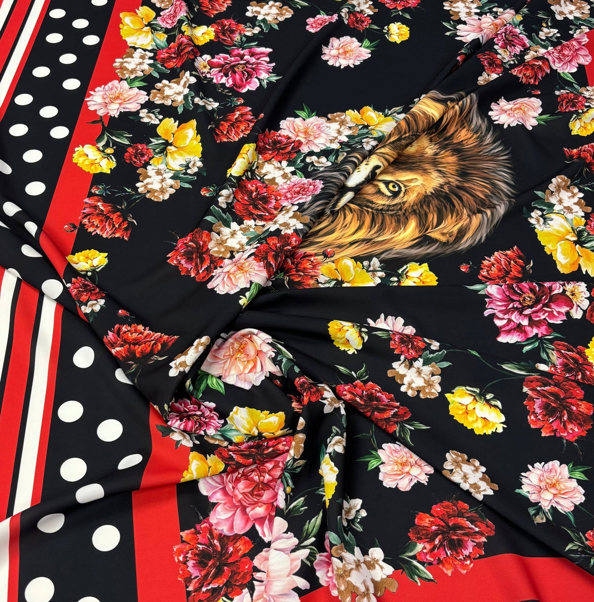 Lion Floral Print Crepe Fabric by the Metre - Whotex Fabrics London
