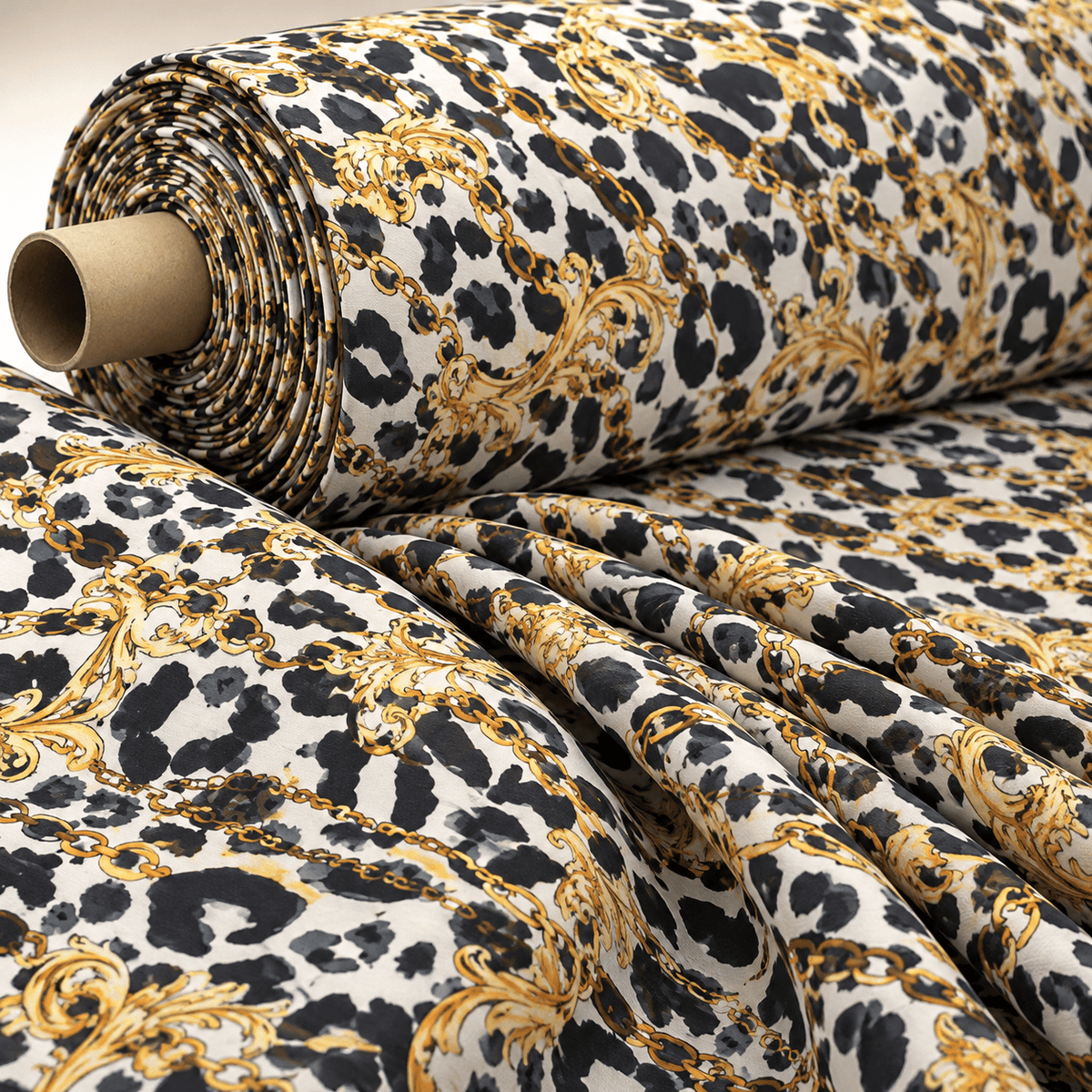 Luxury Baroque Chain and Leopard Fabric by Metre - Whotex Fabrics London
