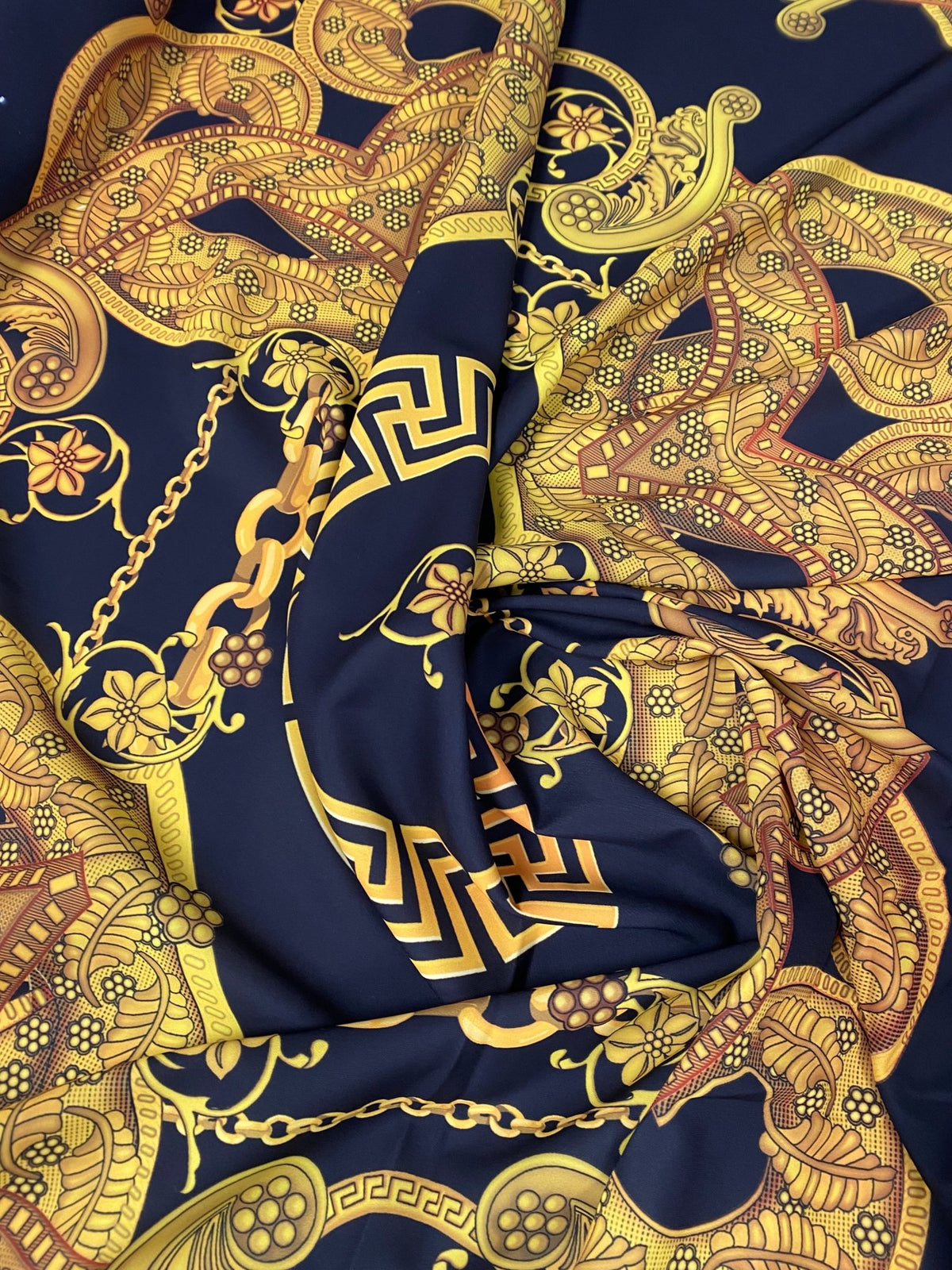 Luxury Baroque Chain Crepe Fabric by the Metre – Black & Gold Ornate - Whotex Online Fabric Store