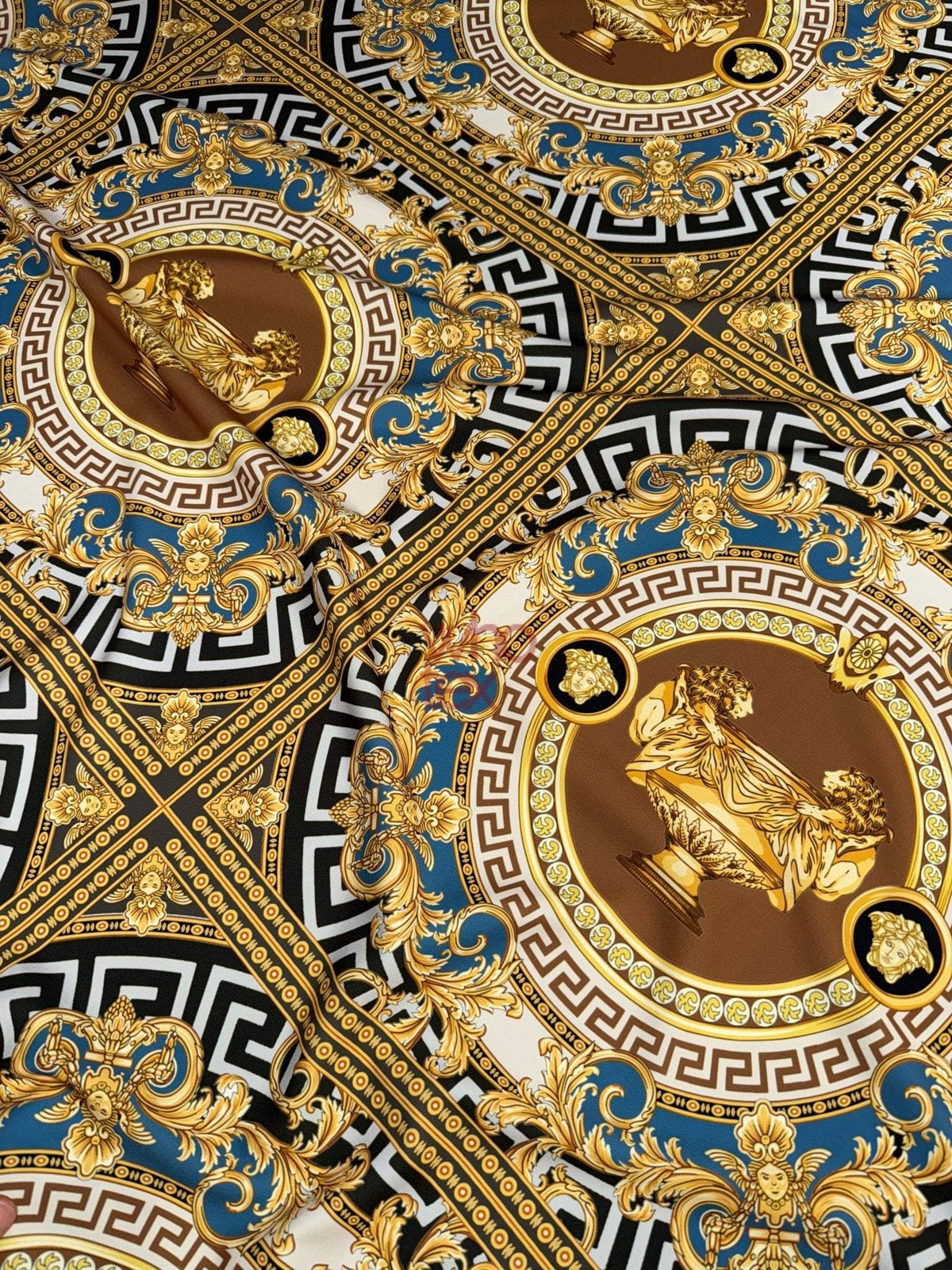luxurious gold and blue ornate Baroque pattern fabric with intricate classical motifs and detailed design