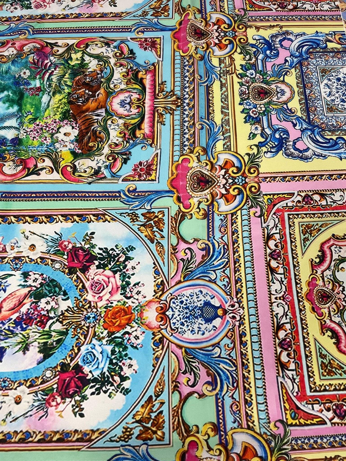 Multicolor Luxury Baroque Fabric with floral and tiger ornamental print and intricate baroque patterns