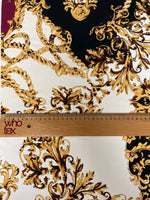 Luxury Baroque Zebra Chain Fabric with burgundy, gold, and black Baroque and chain patterns on soft material