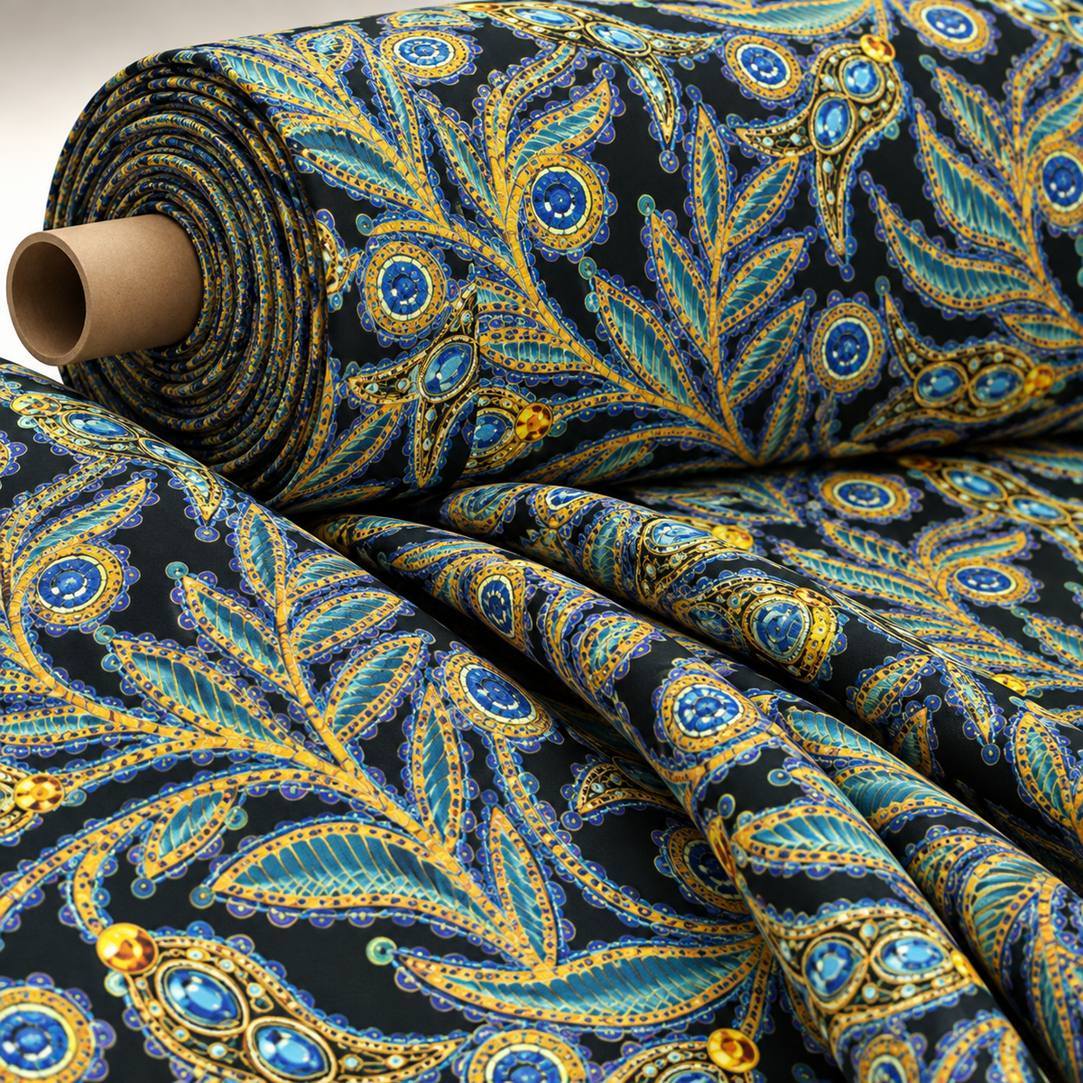 Luxury Peacock Feather Fabric with Jewel Accents Sold by Metre - Whotex Fabrics London