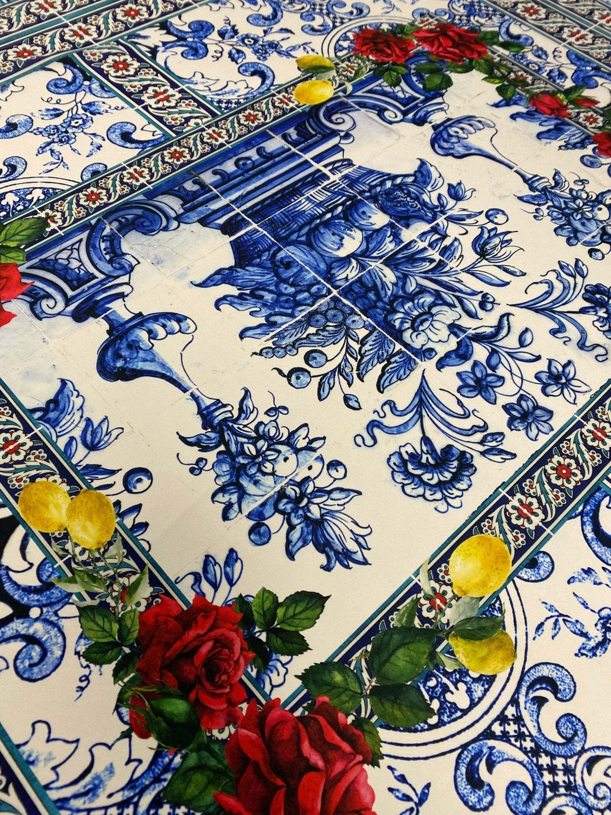 Majolica Mosaic Pattern Italian tile fabric with blue intricate designs and red and yellow floral accents