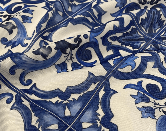 Majolica Pattern Blue White Swirl Fabric by Metre - Whotex Fabrics London