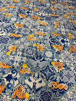 Mediterranean Tile & Lemon Print Chiffon Satin Fabric by the Metre - Whotex Online Fabric Store