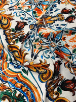 Mediterranean Tile Print Crepe Fabric by the Metre – Multicolour showcasing vibrant floral and geometric patterns.