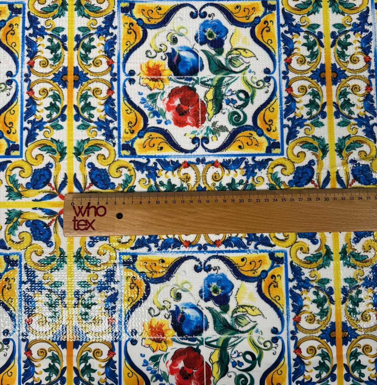 Mediterranean Tile Sequin Fabric for Dresses - Whotex Fabrics London