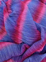 Pleated power mesh fabric with shiny threads in pink and purple hues, lightweight and soft texture