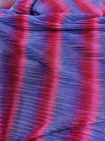 Pleated power mesh fabric with shiny threads in purple and pink gradient stripes, lightweight and soft texture.