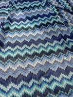 Zigzag knitted mesh fabric in blue and white chevron pattern with soft, stretchy texture and 150 cm width for versatile sewing projects