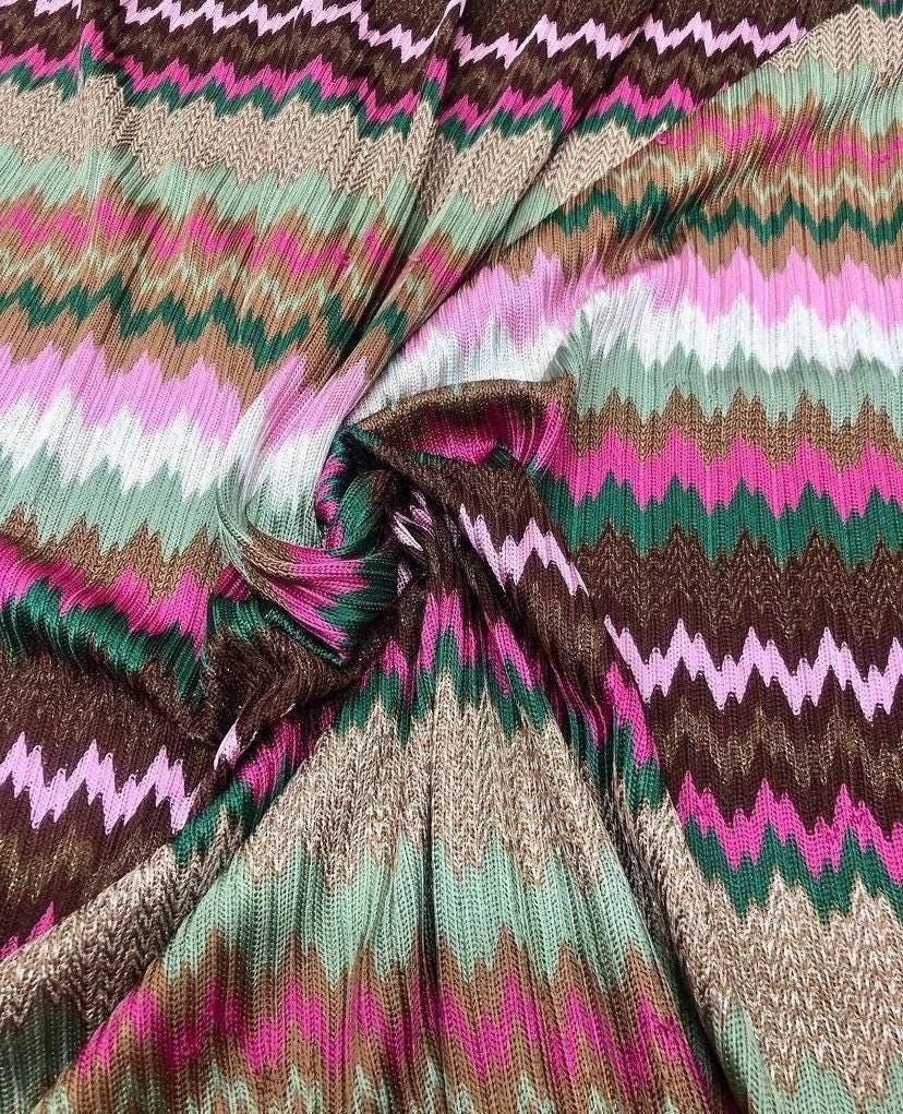 Shiny Zigzag Knit Jersey Mesh fabric with colorful zigzag pattern and soft stretch texture