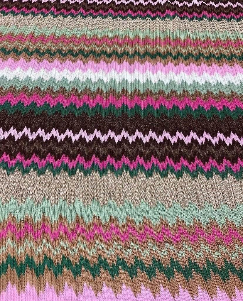 Shiny zigzag knit jersey mesh fabric with multicolor stripes and textured pattern