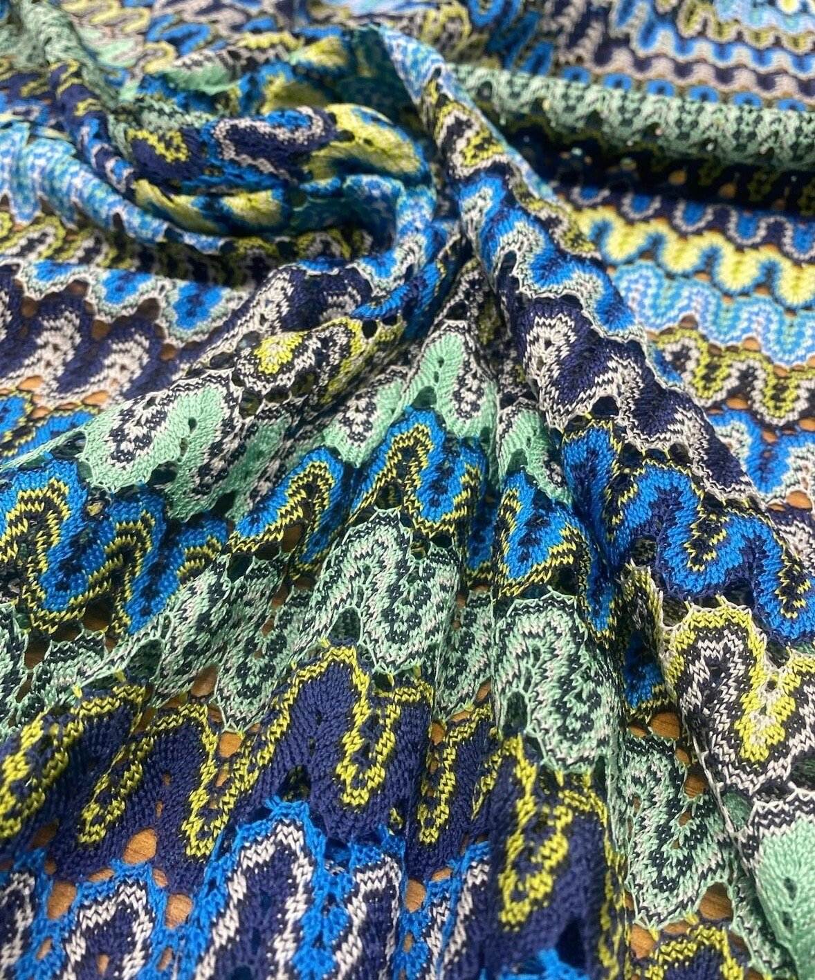 Zigzag pattern mesh fabric in yellow and blue for crafting and fashion projects