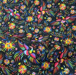 Vibrant Otomi pattern upholstery fabric with colorful birds and floral designs on black background, 150cm width.