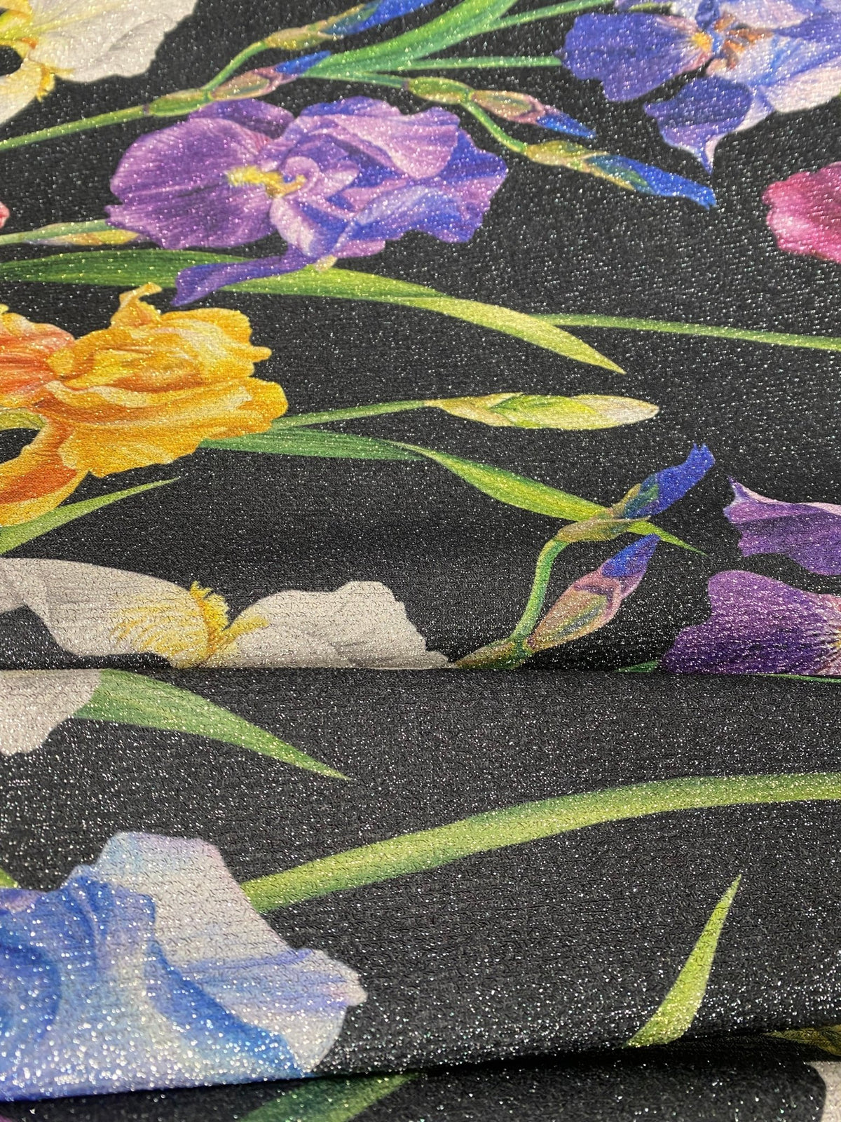 Multicolor Floral Pattern Fabric Big Flowers on Black Background - Whotex Fabrics London