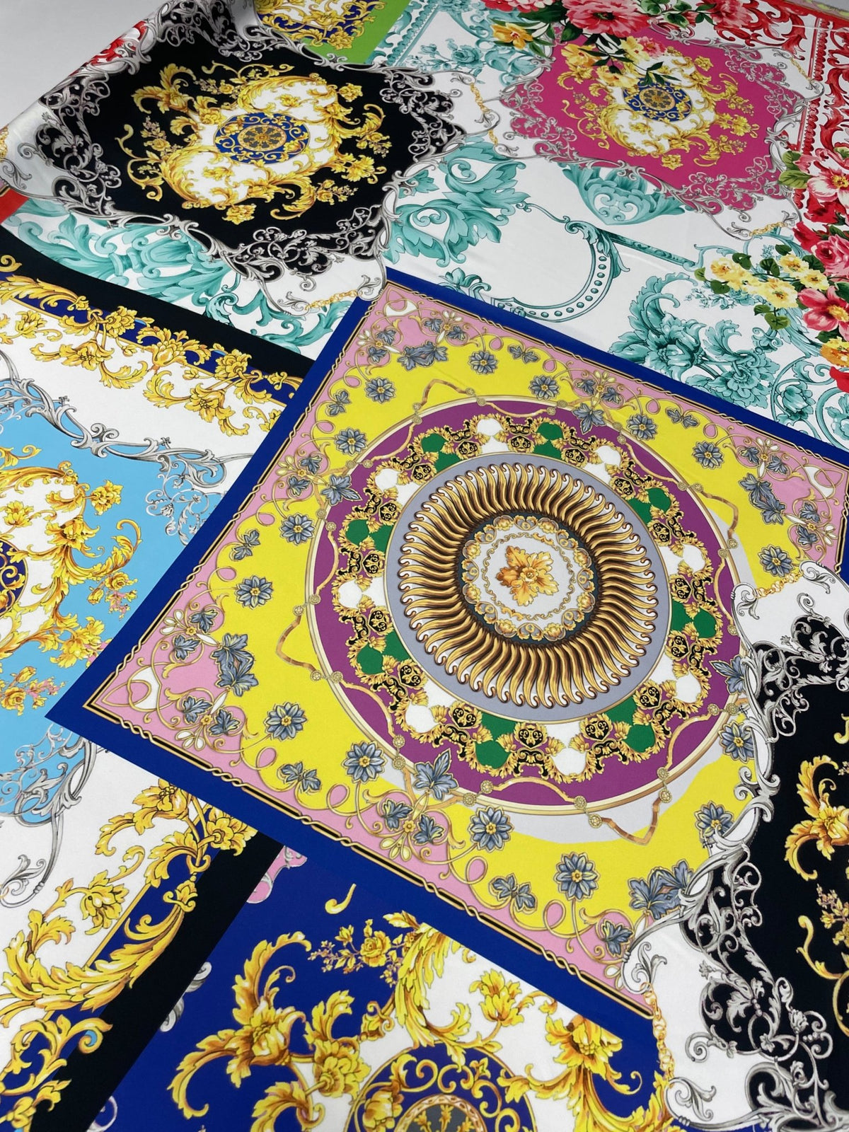 Multicolour Baroque Print Satin Fabric by the Metre - Whotex Fabrics London