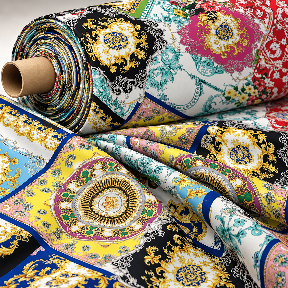 Multicolour Baroque Print Satin Fabric by the Metre - Whotex Fabrics London