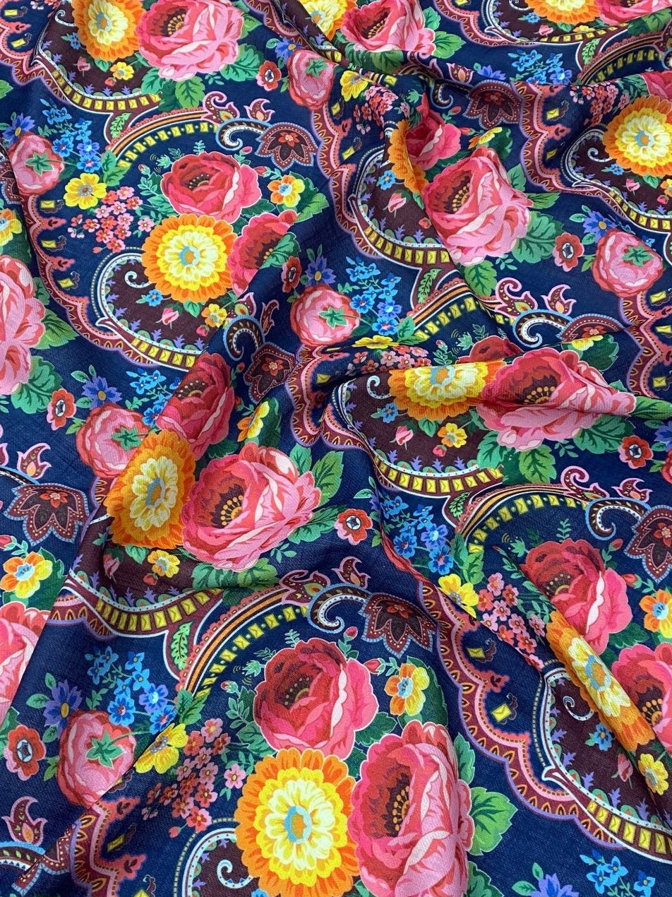 Multicolour Floral Linen Fabric by the Metre - Whotex Fabrics London