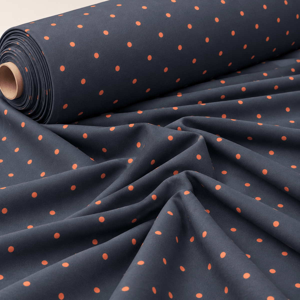 Navy Blue with Blush Pink Polka Dot Satin Fabric by the Metre - Whotex Fabrics London