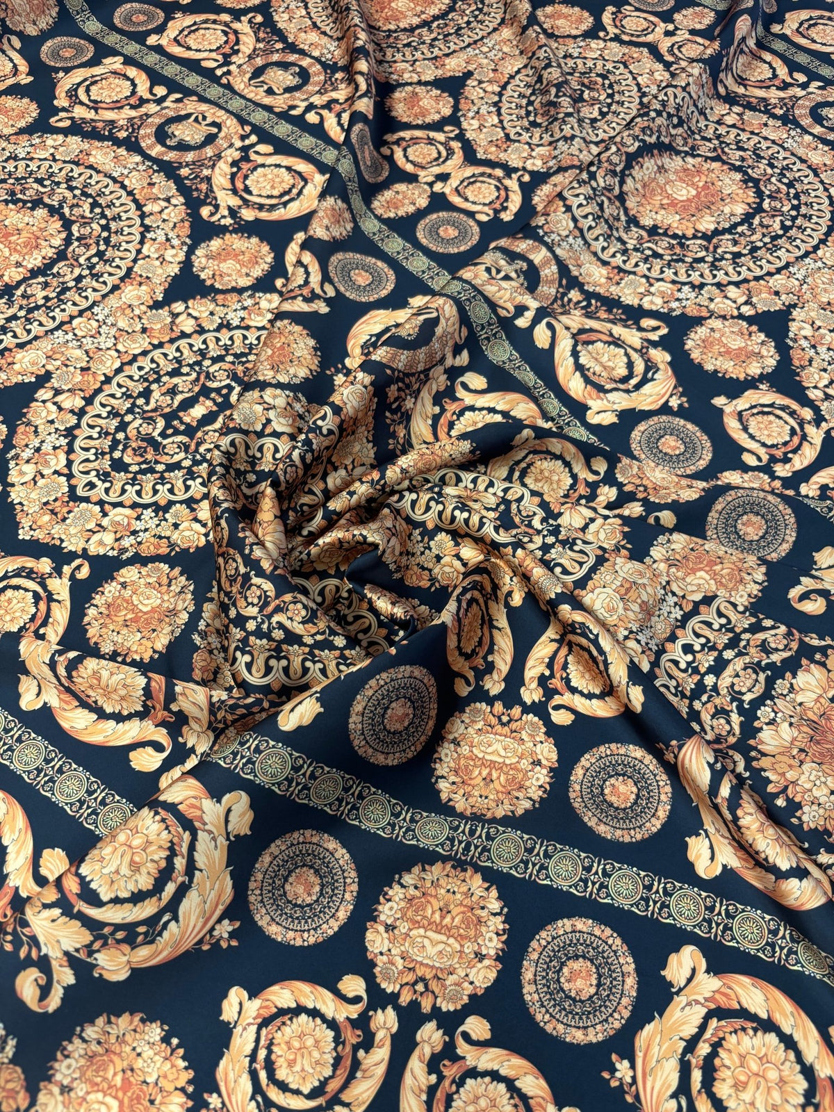 Navy Chiffon Satin Fabric by the Metre – Baroque Floral Medallion - Whotex Online Fabric Store